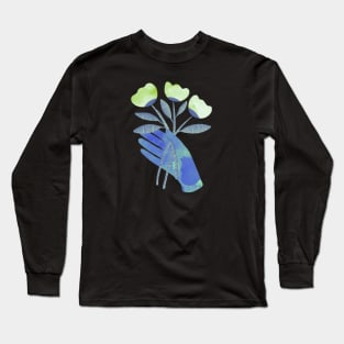 Blue hand with green flowers for you on black background Long Sleeve T-Shirt